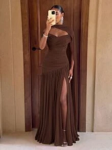 Lumalex Elegant Gray Minimalist Off-Shoulder Ruched Asymmetric A-Line High Slit Dress, Suitable For Weddings, Formal Events, Galas, And Cocktail Parties - Brown - View 2