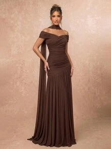 Lumalex Elegant Gray Minimalist Off-Shoulder Ruched Asymmetric A-Line High Slit Dress, Suitable For Weddings, Formal Events, Galas, And Cocktail Parties - Brown - View 6