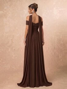 Lumalex Elegant Gray Minimalist Off-Shoulder Ruched Asymmetric A-Line High Slit Dress, Suitable For Weddings, Formal Events, Galas, And Cocktail Parties - Brown - View 3