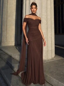 Lumalex Elegant Gray Minimalist Off-Shoulder Ruched Asymmetric A-Line High Slit Dress, Suitable For Weddings, Formal Events, Galas, And Cocktail Parties - Brown - View 8