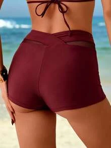SHEIN Swim Women's Summer Sports Mesh Patchwork Shorts - Burgundy - View 2