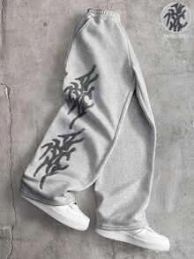 AXEPEAK 男士抽繩腰字母印花休閒日常運動長褲 - 淺灰色 - 查看 1