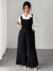 SHEIN LUNE CURVE Plus Size Halloween Elegant Business Casual Black Jumpsuit Square Neck Wide Leg Overall With Pockets And Back Bow Design Workplace Office Style Summer - Black - View 5