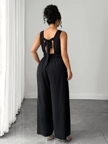 SHEIN LUNE CURVE Plus Size Halloween Elegant Business Casual Black Jumpsuit Square Neck Wide Leg Overall With Pockets And Back Bow Design Workplace Office Style Summer - Black - View 2