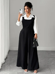 SHEIN LUNE CURVE Plus Size Halloween Elegant Business Casual Black Jumpsuit Square Neck Wide Leg Overall With Pockets And Back Bow Design Workplace Office Style Summer - Black - View 6