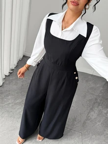 SHEIN LUNE CURVE Plus Size Halloween Elegant Business Casual Black Jumpsuit Square Neck Wide Leg Overall With Pockets And Back Bow Design Workplace Office Style Summer - Black - View 7