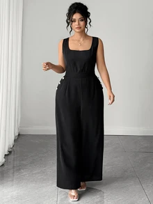 SHEIN LUNE CURVE Plus Size Halloween Elegant Business Casual Black Jumpsuit Square Neck Wide Leg Overall With Pockets And Back Bow Design Workplace Office Style Summer - Black - View 4