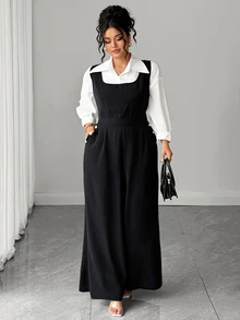 SHEIN LUNE CURVE Plus Size Halloween Elegant Business Casual Black Jumpsuit Square Neck Wide Leg Overall With Pockets And Back Bow Design Workplace Office Style Summer - Black - View 3