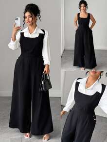 SHEIN LUNE CURVE Plus Size Halloween Elegant Business Casual Black Jumpsuit Square Neck Wide Leg Overall With Pockets And Back Bow Design Workplace Office Style Summer - Black - View 1