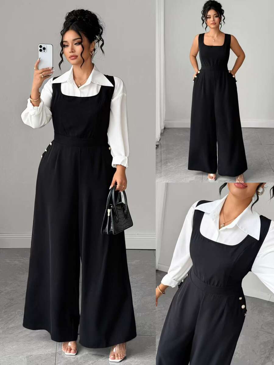 SHEIN LUNE CURVE Plus Size Halloween Elegant Business Casual Black Jumpsuit Square Neck Wide Leg Overall With Pockets And Back Bow Design Workplace Office Style Summer - Black - View 1