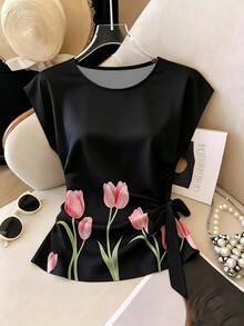 SHEIN Franclia New Women's Polka Dot Satin T-Shirt - Black - View 1