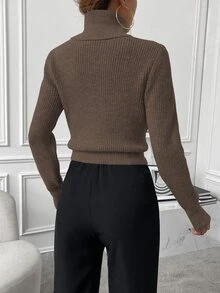 SHEIN High Neck Lantern Sleeve Sweater,Long Sleeve Tops Knit Pullover Fall Winter Sweater - Coffee Brown - View 3