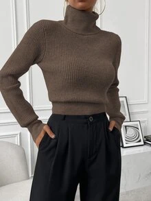 SHEIN High Neck Lantern Sleeve Sweater,Long Sleeve Tops Knit Pullover Fall Winter Sweater - Coffee Brown - View 7