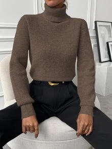 SHEIN High Neck Lantern Sleeve Sweater,Long Sleeve Tops Knit Pullover Fall Winter Sweater - Coffee Brown - View 9