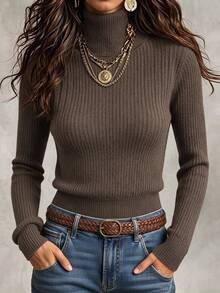 SHEIN High Neck Lantern Sleeve Sweater,Long Sleeve Tops Knit Pullover Fall Winter Sweater - Coffee Brown - View 2