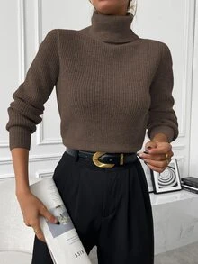 SHEIN High Neck Lantern Sleeve Sweater,Long Sleeve Tops Knit Pullover Fall Winter Sweater - Coffee Brown - View 5