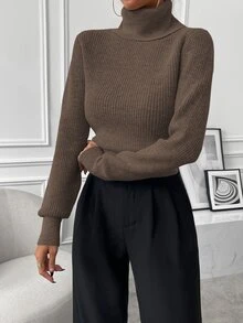 SHEIN High Neck Lantern Sleeve Sweater,Long Sleeve Tops Knit Pullover Fall Winter Sweater - Coffee Brown - View 6