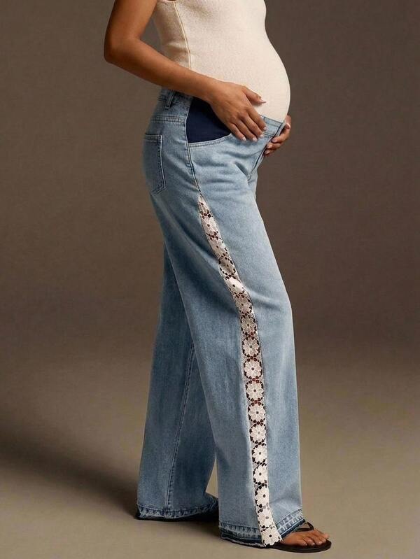 SHEIN Maternity Jeans Casual Loose Wide Leg Long Pants Blue Summer Fall Festival Back To School Party Beach Going Out Elegant Casual