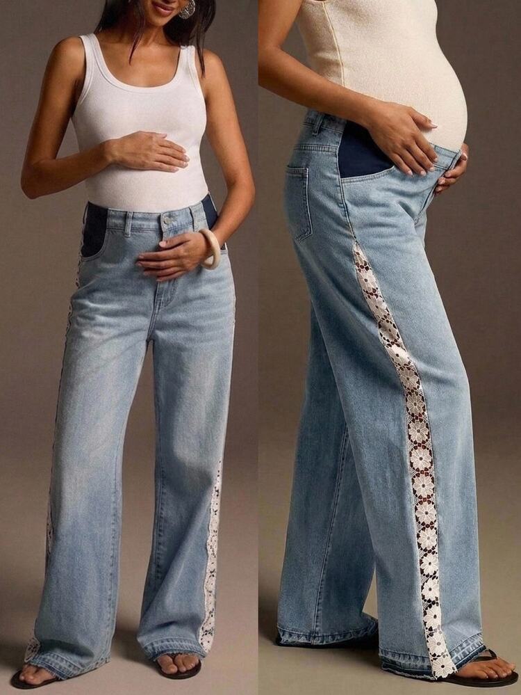 SHEIN Maternity Jeans Casual Loose Wide Leg Long Pants Blue Summer Fall Festival Back To School Party Beach Going Out Elegant Casual - Blue - View 6