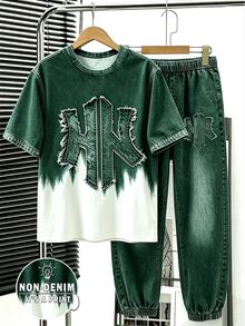 SHEIN 青少年男孩休閒舒適時尚簡約百搭復古感口號印花漸層拼色圓領T恤與慢跑褲套裝 - 軍綠色 - 查看 3