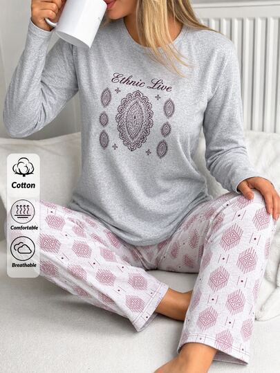 SHEIN Women's Cotton 2 Pieces Grey Contrast Retro Pattern Long Sleeve Shirt & Pants Pajama Set