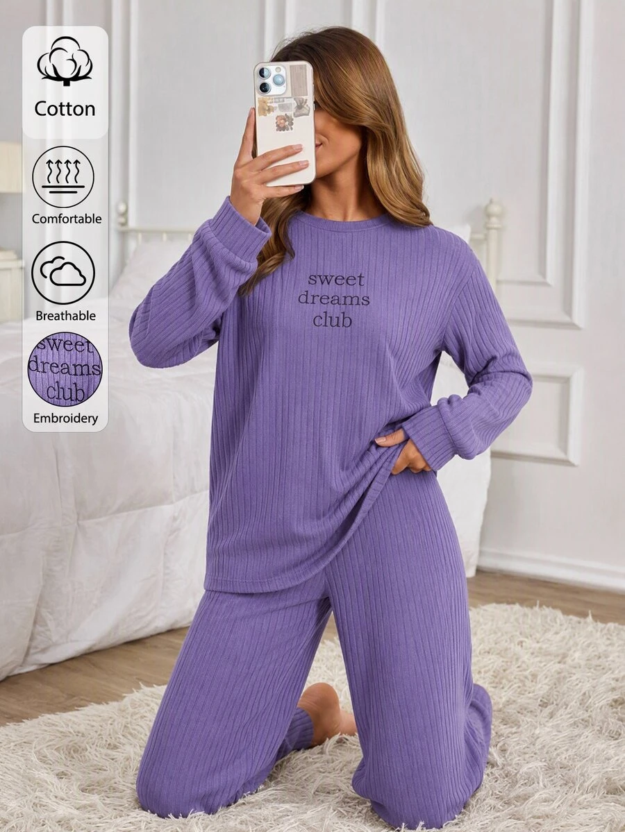 SHEIN Sweet Dreams Club Graphic Rib Knit Lounge Set - Lilac Purple - View 1