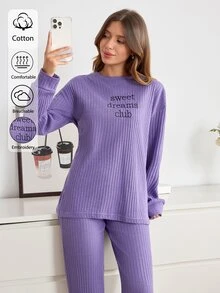 SHEIN Sweet Dreams Club Graphic Rib Knit Lounge Set - Lilac Purple - View 6