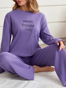 SHEIN Sweet Dreams Club Graphic Rib Knit Lounge Set - Lilac Purple - View 4
