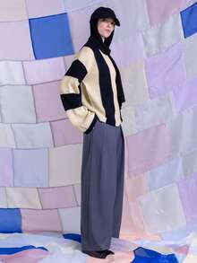 East & Noor Two Tone Drop Shoulder Sweater,Long Sleeve Tops Knit Pullover Fall Winter - Black and White - View 4