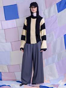 East & Noor Two Tone Drop Shoulder Sweater,Long Sleeve Tops Knit Pullover Fall Winter - Black and White - View 5