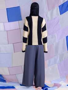 East & Noor Two Tone Drop Shoulder Sweater,Long Sleeve Tops Knit Pullover Fall Winter - Black and White - View 2