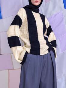 East & Noor Two Tone Drop Shoulder Sweater,Long Sleeve Tops Knit Pullover Fall Winter - Black and White - View 1