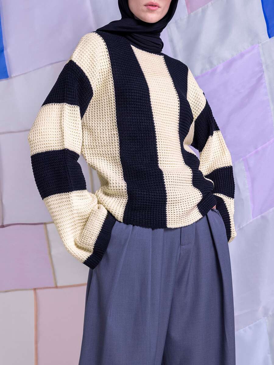 East & Noor Two Tone Drop Shoulder Sweater,Long Sleeve Tops Knit Pullover Fall Winter - Black and White - View 1