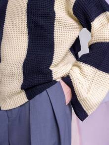 East & Noor Two Tone Drop Shoulder Sweater,Long Sleeve Tops Knit Pullover Fall Winter - Black and White - View 3