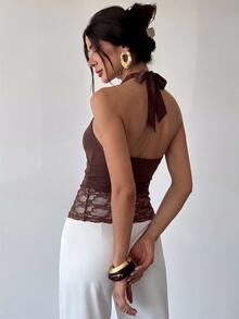 Firerie Draped Neck Tie Back Open Back Lace Patchwork Maillard Color Fitted Sleeveless Tank Top For Women - Brown - View 5