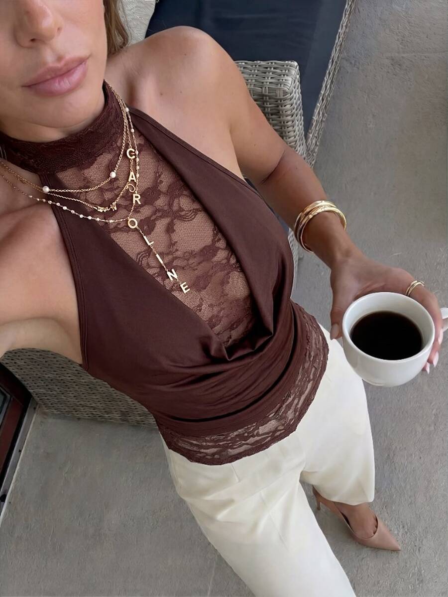 Firerie Draped Neck Tie Back Open Back Lace Patchwork Maillard Color Fitted Sleeveless Tank Top For Women