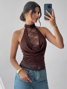 Firerie Draped Neck Tie Back Open Back Lace Patchwork Maillard Color Fitted Sleeveless Tank Top For Women - Brown - View 6