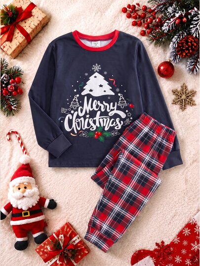 SHEIN Conjunto de pijama de 2 piezas para niño preadolescente, estampado a cuadros navideño, cuello redondo, manga larga, pantalones, casual, cómodo, corte slim, ropa de estar en casa