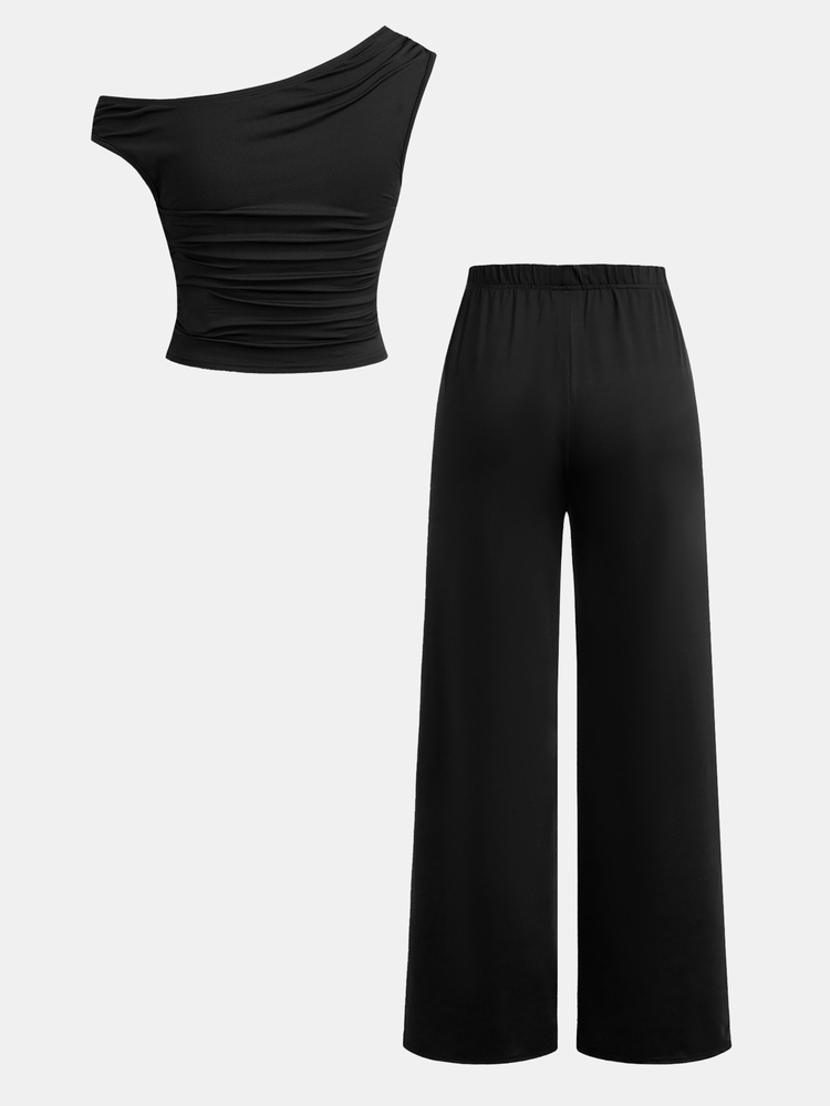 SHEIN Teen Girls' Casual Vacation Street Asymmetric Black Shoulder Design Metal Star Decor Knit Ruched Cropped T-Shirt And Matching Straight Leg Pants Set, Back To School Outfit, Black Set, Fashionable Street Style, BM Vibe - Black - View 4
