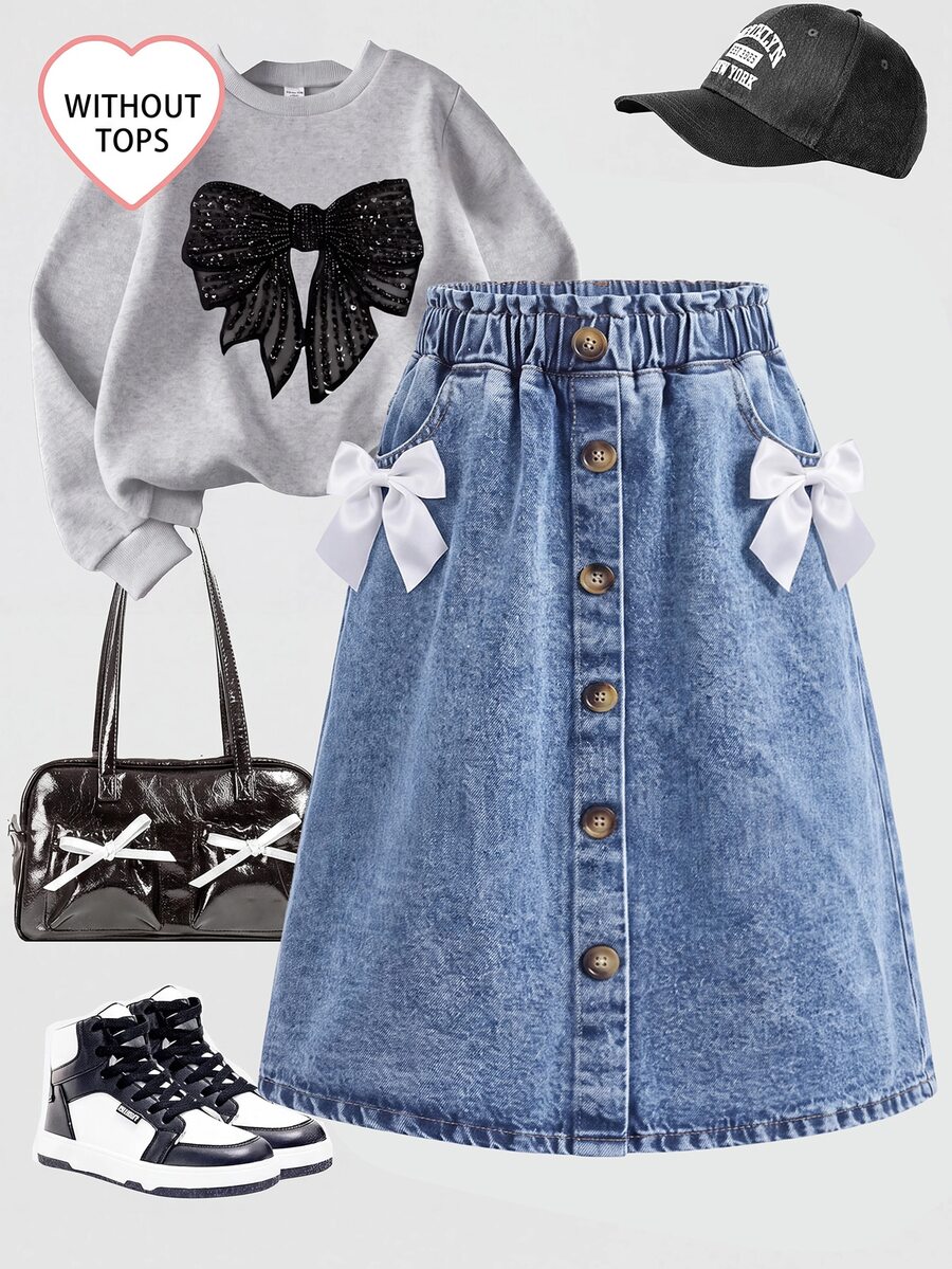SHEIN Girlism Tween Girl Tween Girls' White Ribbon Bow Blue Denim A-Line Loose Skirt - Blue - View 1