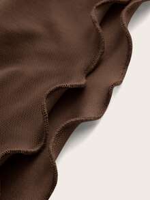 SHEIN ICON Solid Halter Neck Lettuce Trim Trumpet Sleeve Mesh Top - Coffee Brown - View 4