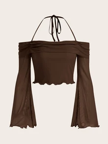 SHEIN ICON Solid Halter Neck Lettuce Trim Trumpet Sleeve Mesh Top - Coffee Brown - View 1