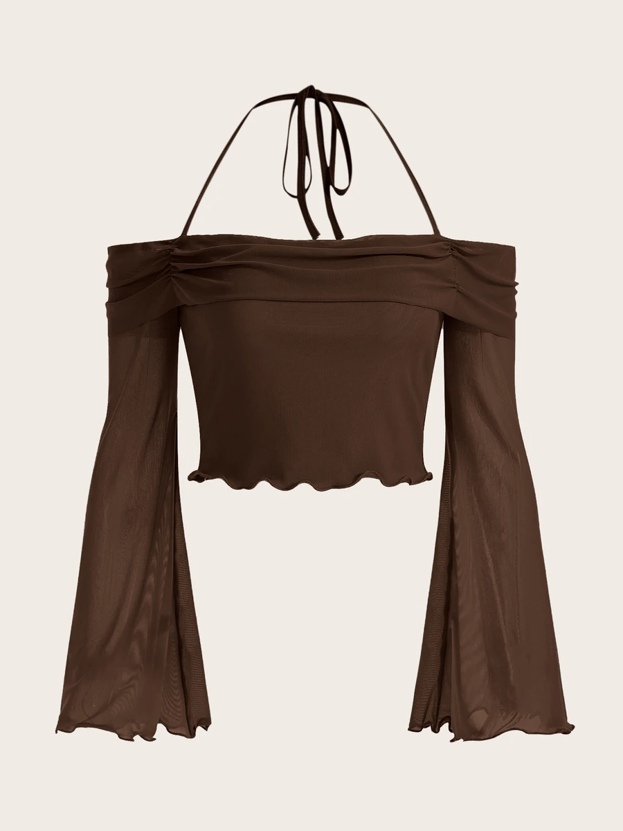 SHEIN ICON Solid Halter Neck Lettuce Trim Trumpet Sleeve Mesh Top - Coffee Brown - View 1