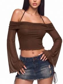 SHEIN ICON Solid Halter Neck Lettuce Trim Trumpet Sleeve Mesh Top - Coffee Brown - View 3