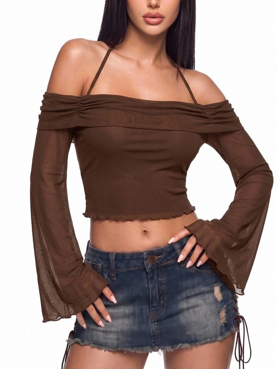 SHEIN ICON Solid Halter Neck Lettuce Trim Trumpet Sleeve Mesh Top - Coffee Brown - View 1