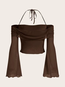 SHEIN ICON Solid Halter Neck Lettuce Trim Trumpet Sleeve Mesh Top - Coffee Brown - View 2