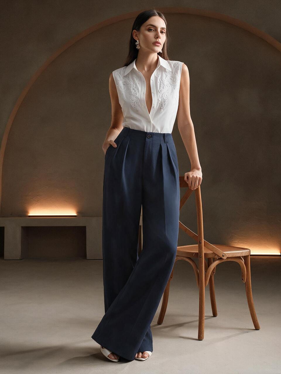 Anewsta Women's Solid Color Pleated Straight Leg Suit Pants, Elegant Casual Versatile Fashion Teachers' Day Office Business Navy Blue Autumn