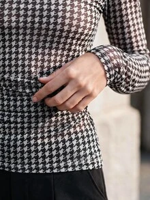 Anewsta Autumn/Winter High Elasticity Slightly Sheer Inner Layer Versatile Houndstooth Pattern Slim Fit Long Sleeve Ruched Urban Modern European American Brazilian Style Women's T-Shirt - Black and White - View 5