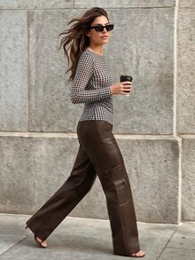 Anewsta Autumn/Winter High Elasticity Slightly Sheer Inner Layer Versatile Houndstooth Pattern Slim Fit Long Sleeve Ruched Urban Modern European American Brazilian Style Women's T-Shirt - Black and White - View 6