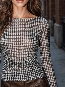 Anewsta Autumn/Winter High Elasticity Slightly Sheer Inner Layer Versatile Houndstooth Pattern Slim Fit Long Sleeve Ruched Urban Modern European American Brazilian Style Women's T-Shirt - Black and White - View 2